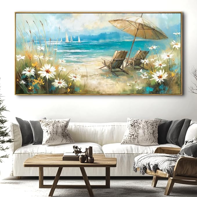 Beach Landscape Wall Art - Framed Modern Canvas Painting for Living Room, Bedroom Home Office Decor, 40x20 Inch Ready to Hang