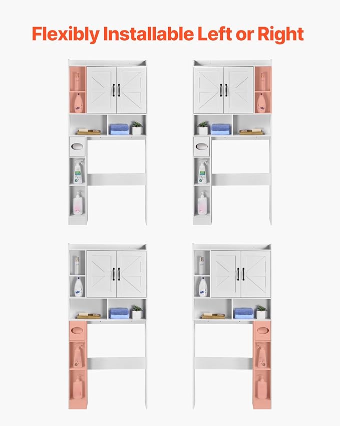 VEVOR Over The Toilet Storage Cabinet, 66.14‘’ Height Bathroom Storage Cabinet Over Toilet with Barn Door and Adjustable Shelf, Bathroom Space-Saving Toilet Rack White Wood with Open Shelf