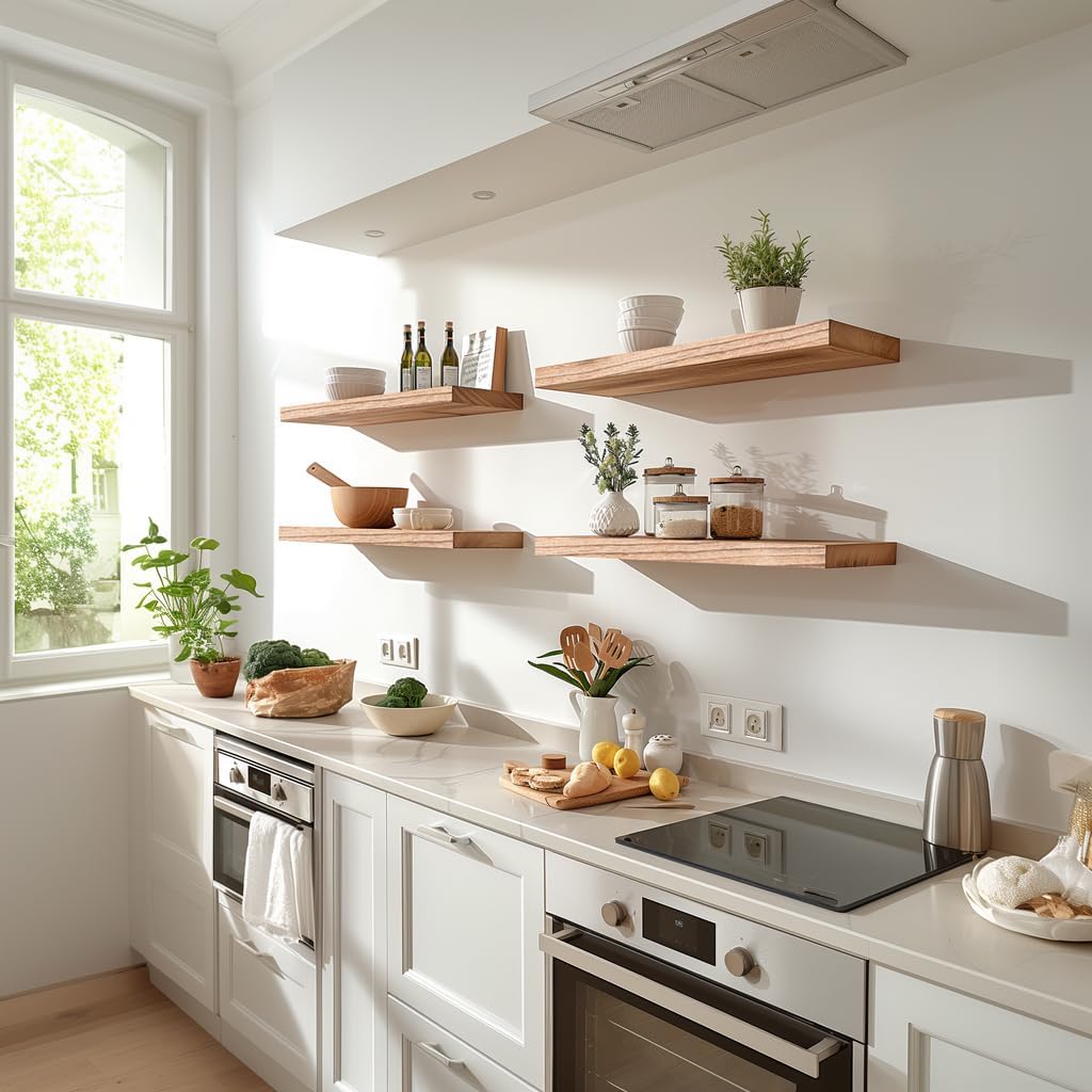 Light Wood Floating Shelves for Wall Rustic Wall Shelves for Bedroom Set of 6 - Décor Diaries