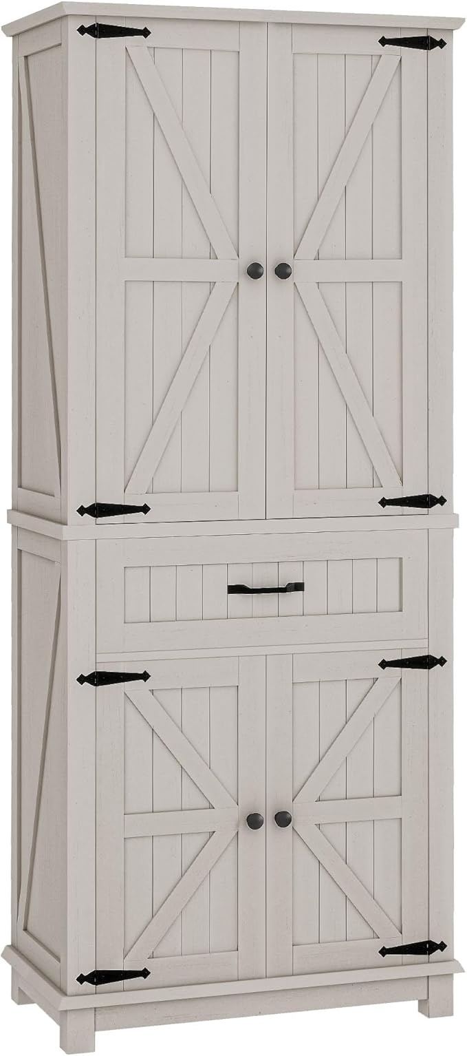 DWVO 72" Tall Farmhouse Pantry Cabinet, Kitchen Storage Pantry with Barn Doors & Drawer, Versatile Organizer with Adjustable Shelves, Rustic Cupboard for Dining Room, Living Room, White Oak
