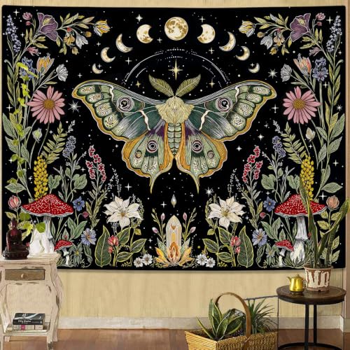 Boho Vintage Moth Luna Botanical Floral Tapestry 48 x 36 Inch