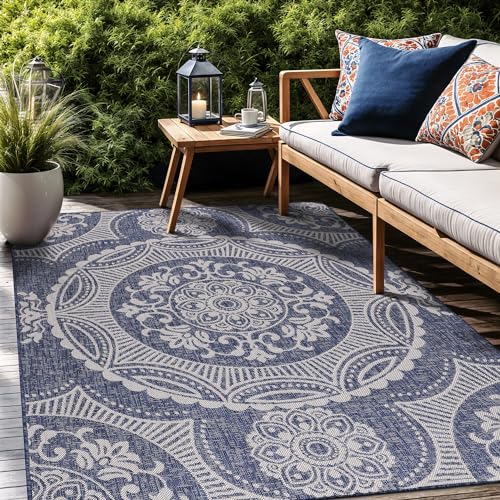 Medallion Outdoor Rug 9x12 Washable Outside Carpet for Indoor Patio Porch Waterproof Easy Cleaning Non Shedding Area Rugs Blue 9 x 12
