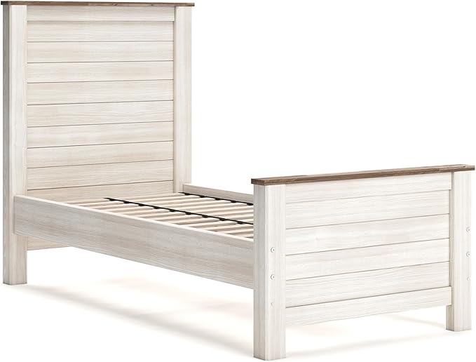 Signature Design by Ashley Willowton Casual Twin Panel Bed with Metal Slats, Foundation or Box Spring Needed, Whitewash