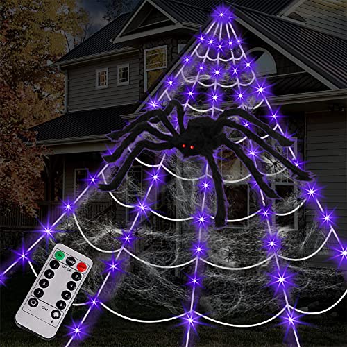 Spider Web Halloween Decorations Outdoor Lights (Battery-Purple Lights with Large Spider)