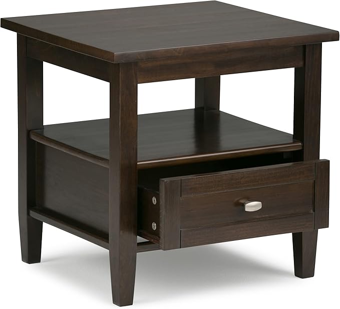 SIMPLIHOME Warm Shaker End Table - 20 inch Wide Solid Wood Side Table in Tobacco Brown, Transitional Accent Table for Living Room or Bedroom with Drawer, Open Shelf and Square Tapered Legs