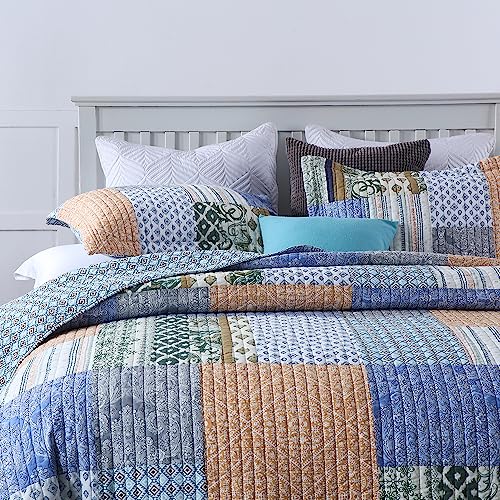 Cotton Bedspread Quilt Sets 3 Pieces Reversible Coverlet Sets Comforters Blue Bohemian Paisley Patchwork Bedspread (3 Count)