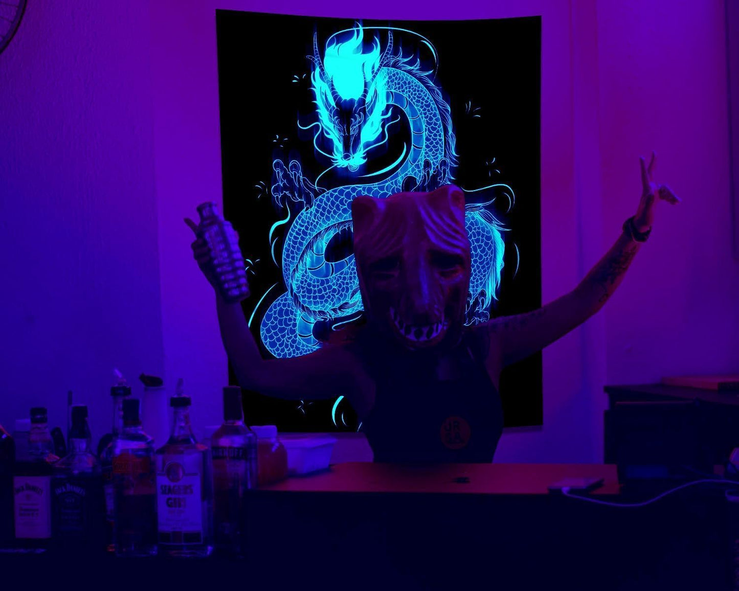 QGHOT Blacklight Dragon Tapestry Wall Hanging Cool Japanese Black Light Glow in the Dark Dragon Backdrop Uv Viking Tapestry for Boys Bedroom Mens Room Wall Deocr 59.1"x51.2"