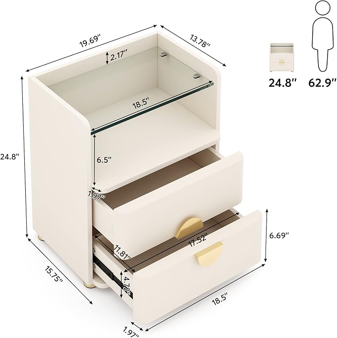 Nightstand with 2 Drawers, Modern Night Stand with Open Storage Space, Wood Bed Side Table for Bedroom, Tempered Glasses Beige End Table with Gold Round Metal Legs for Living Room, Easy Assembly