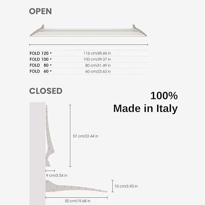 foxydry Fold, Wall Drying Rack, Vertical Drying Rack for Indoor and Outdoor Aluminium and Steel (White - Closing Up, 2X Fold 80)