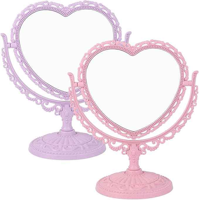 AKOAK Heart-Shaped Cosmetic Mirror - Plastic, Double-Sided, Rotatable, Lightweight - Bathroom & Bedroom Mirror (Purple)