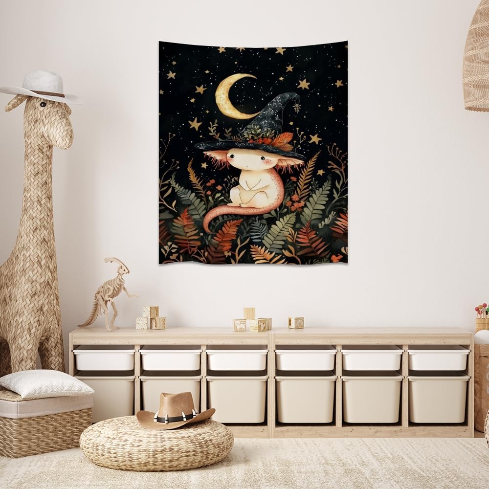 Whimsical Witch Tapestry Wall Hanging Decor Cute Axolotl Tapestry Magical Moon Animal Nursery Decoration Halloween Tapestries wall art for Home Kids Bedroom Living Room 60x80inch