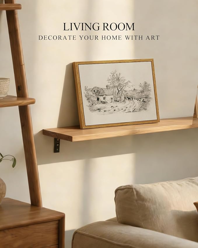 InSimSea Framed Canvas Print Art, Vintage Countryside Sketch Landscape Painting, Rustic Farmhouse Cottage Decor for Hallway Wall Floating Shelf Desk Vanity Fireplace,10x8in, Neutral Tones