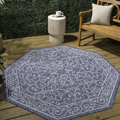 Vintage Filigree Indoor Outdoor Octagon Area Rug 8 Ft Navy