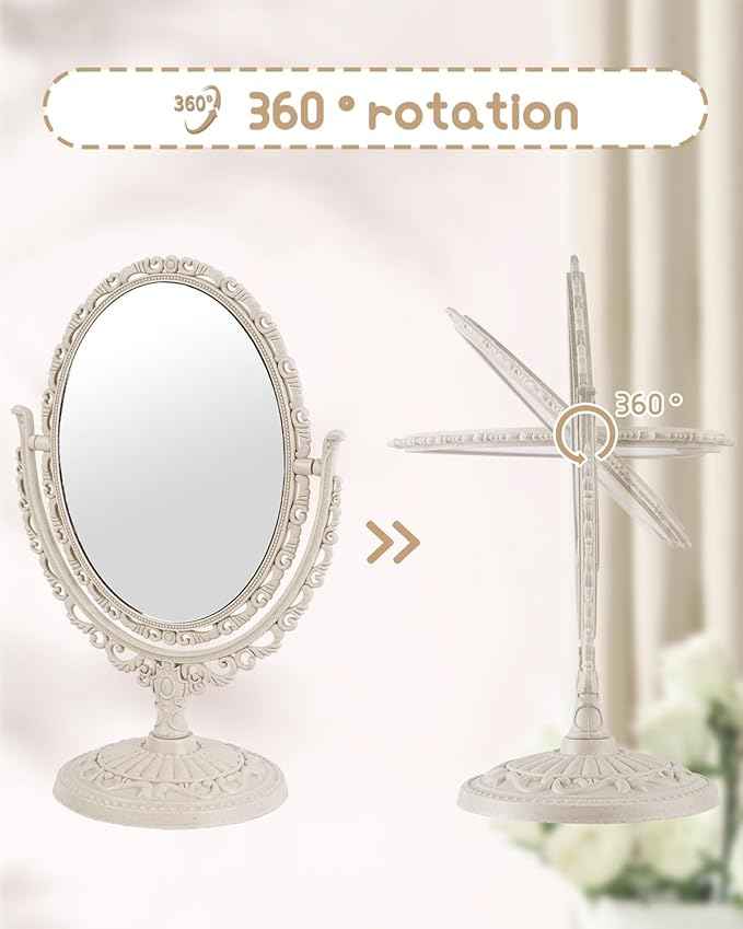 XPXKJ Vintage Vanity Mirror Shabby Chic Decor | 360° Rotating Double-Sided Table Makeup Mirror with Stand Bedroom Decoration Perfect for Tabletop, Desk, or Makeup Station