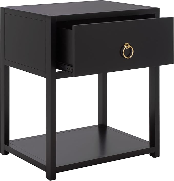 SAFAVIEH Home Collection - Yudi Black Nightstand, 1 Drawer 1 Shelf Bedside Table with Gold Metal Accent Pull, Fully Assembled (NST9201E)