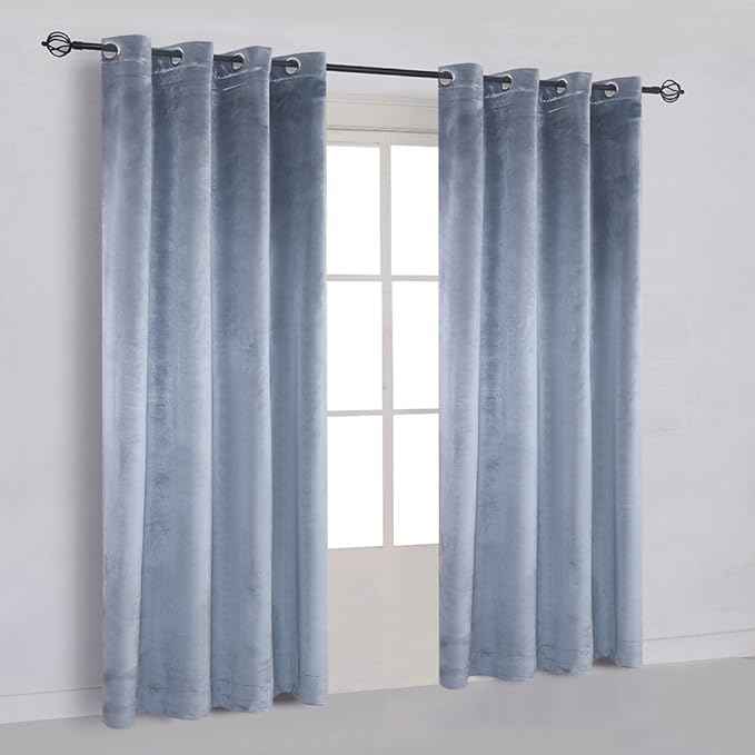 Cherry Home Super Soft Luxury Velvet Stone Blue Set of 2 Blackout Drapes Room Darkening Curtains Panel Grommet Drapery 52 by 84-Inch Dusty Blue(2 Panels) with Matching Tiebacks