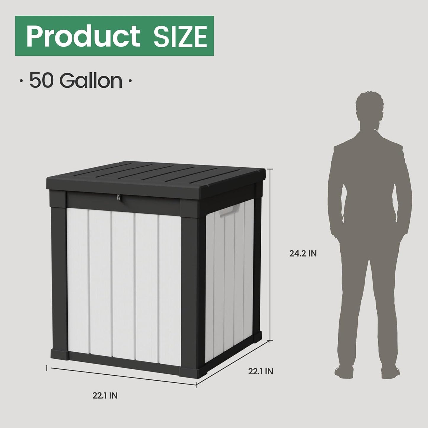 50 Gallon Storage Box, Waterproof Deck Box for Indoor & Outdoor Use, Lockable Pool Storage Bin for Package Delivery, Outdoor Bench for Patio Cushions, Garden Tools, Backyard, Black & White