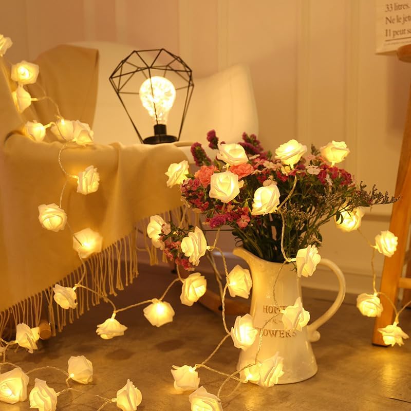 Everlasting Splashes LED Rose Flower Fairy String Lights Battery Operated Warm Flashing Light Romantic Proposal Wedding Birthday Christmas Thanksgiving DIY Indoor Outdoor Decorations (Pink&Soft White)