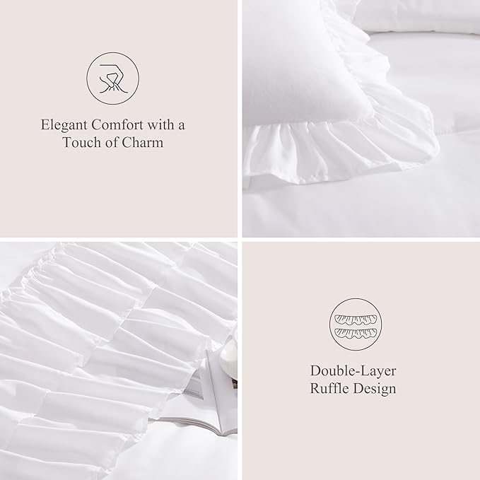 King Size Comforter Set White, Ruffle Shabby Chic Bedding Set Farmhouse 7 Pieces, All Season Fluffy Bed in a Bag with Sheets, Pillowcases & Shams