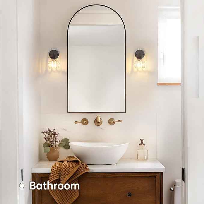 Vintage Wall Sconce with Transparent Tulip Glass Lampshade 180 Degree Adjustable Black Sconce Hradwired Modern Wall Lighting Fixture with Switch for Bedside Bedroom Doorway