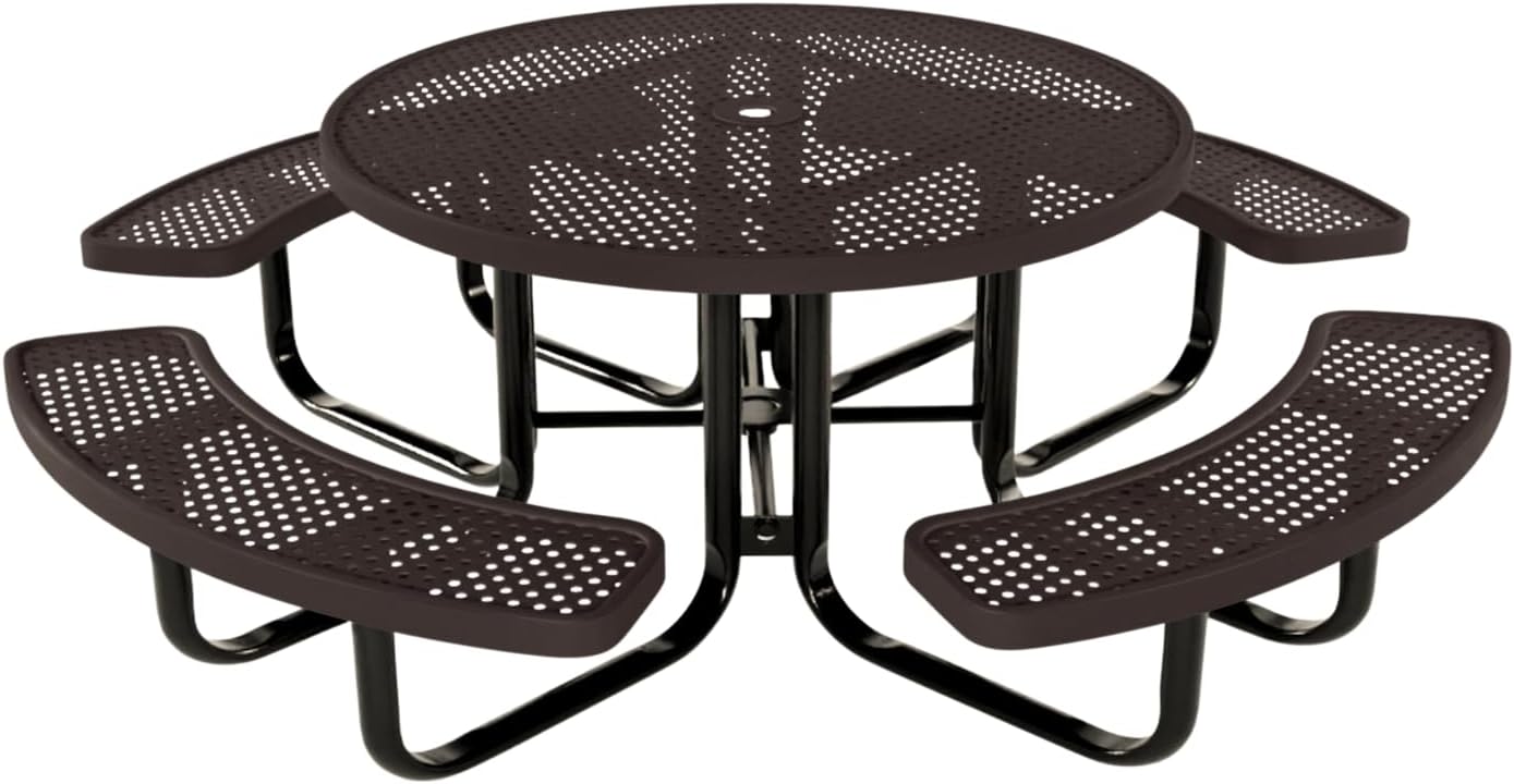Coated Outdoor Furniture Heavy-Duty Portable Outdoor Kids Table with Umbrella Hole, Punched Steel Kids Picnic Table, Commercial-Grade, Made in America (46 In, Round, Childrens, Brown)