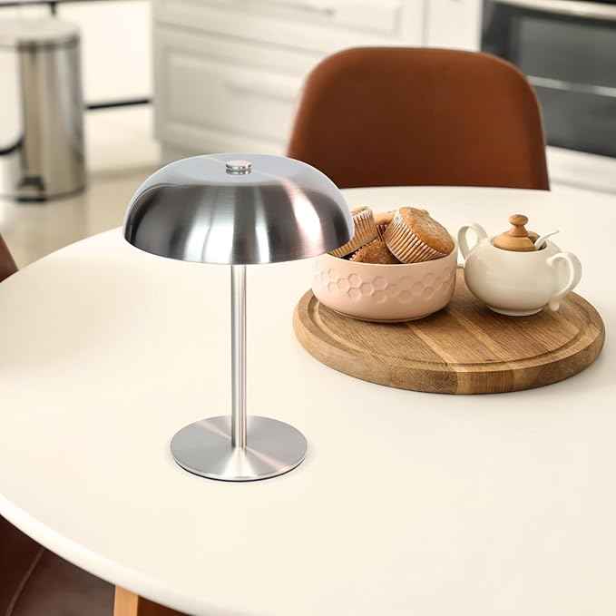 Portable LED Mushroom Table Lamp, 8.46'' Small Cordless Desk Night Light with 5200mAh Rechargeable Battery, Stepless Dimming Lamp with 3 Colors for Bedroom/Bar/Coffee Shop (Silver)