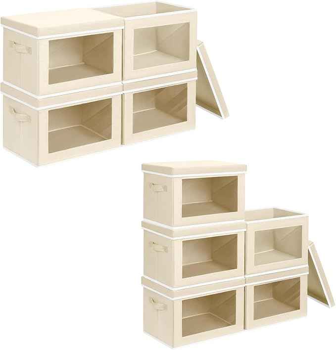 Storage Cubes with Lids - Foldable Clear Window Storage Bins, Large Decorative Storage Bins with Handles, Storage Containers for Clothes, Towel, Blanket, Sheet, Beige 5 Pack & 4 Pack