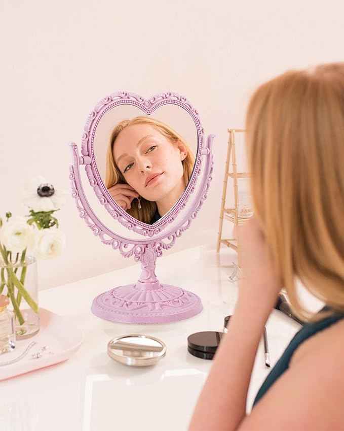 D&XQAUO Pink Heart Mirror for Desk Cute Coquette Room Decor Small with Stand,Vanity & Bathroom Double-Sided Rotating Makeup Table Mirror