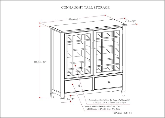 SIMPLIHOME Connaught Storage Cabinet - 46 inch Wide Solid Wood Tall Cabinet in Antique White, Traditional Console for Living Room or Dining Room with Glass Doors, Adjustable Shelves, and Drawers