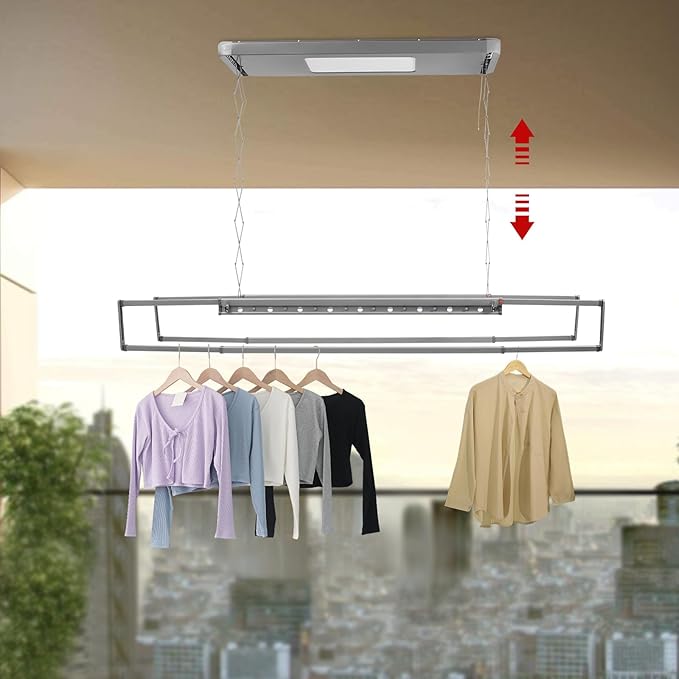 Electric Retractable Airing Rack Gray, Ceiling Clothesline 77lbs Load, Ceiling Mounted Clothes Drying Rack 24W with Remote and Light for Laundry Balcony (Gray)