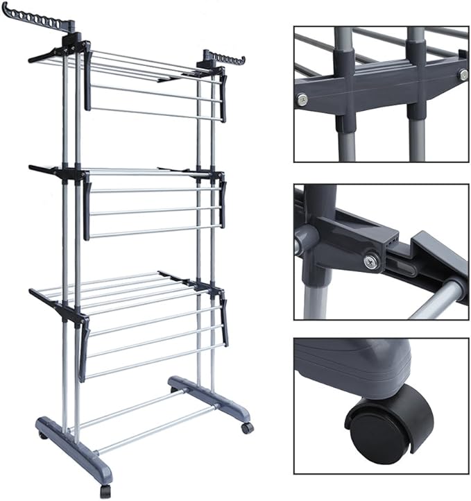 Foldable, Rolling, Stainless Steel Rods & Compact Storage Laundry Clothes Drying Rack System, Made-in-Korea, Premium Size