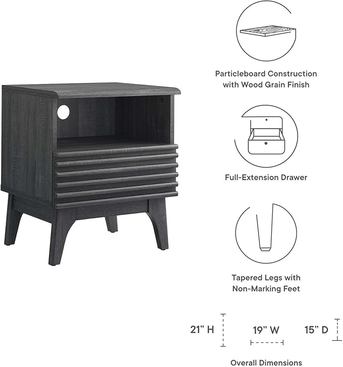Modway Render Mid-Century Modern, One-Drawer Nightstand, Charcoal