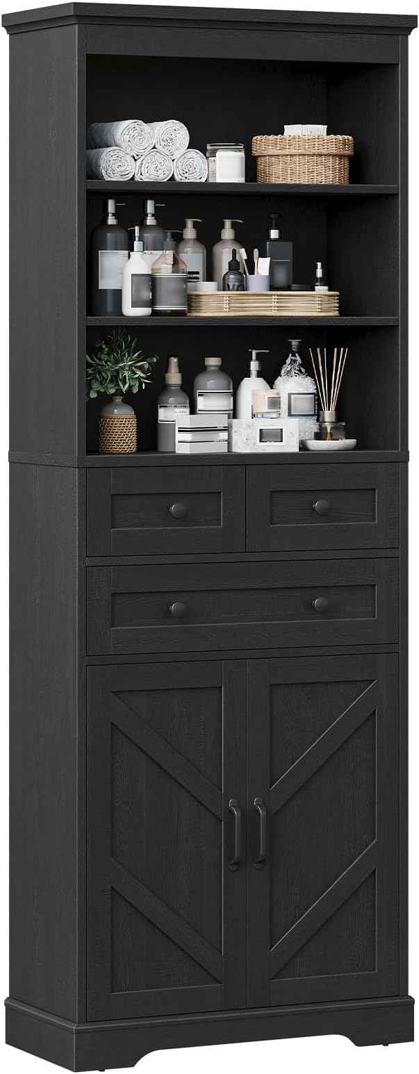 Vabches Farmhouse Bathroom Cabinet, 70" Tall Bathroom Storage Cabinet with 3 Drawers, Adjustable Shelves & Doors, 3 Tier Wood Cabinets for Bathroom, Living Room, Kitchen, Rustic Black