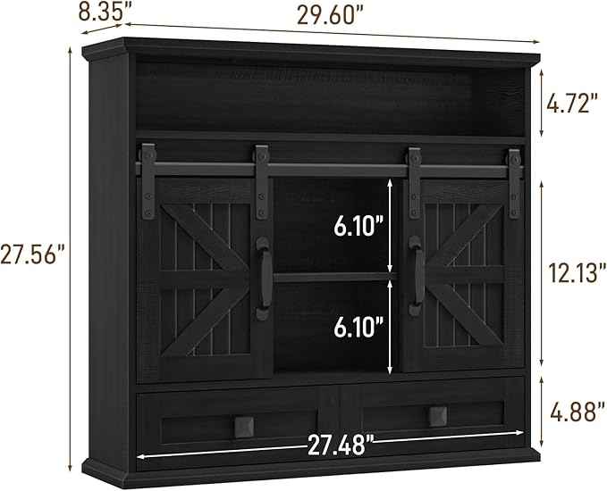 Vabches Bathroom Wall Cabinet, Farmhouse Medicine Cabinet with Double Sliding Barn Door and Storage Drawer, Wooden Vintage Storage Cabinet Wall Mounted for Bathroom, Kitchen, Rustic Black
