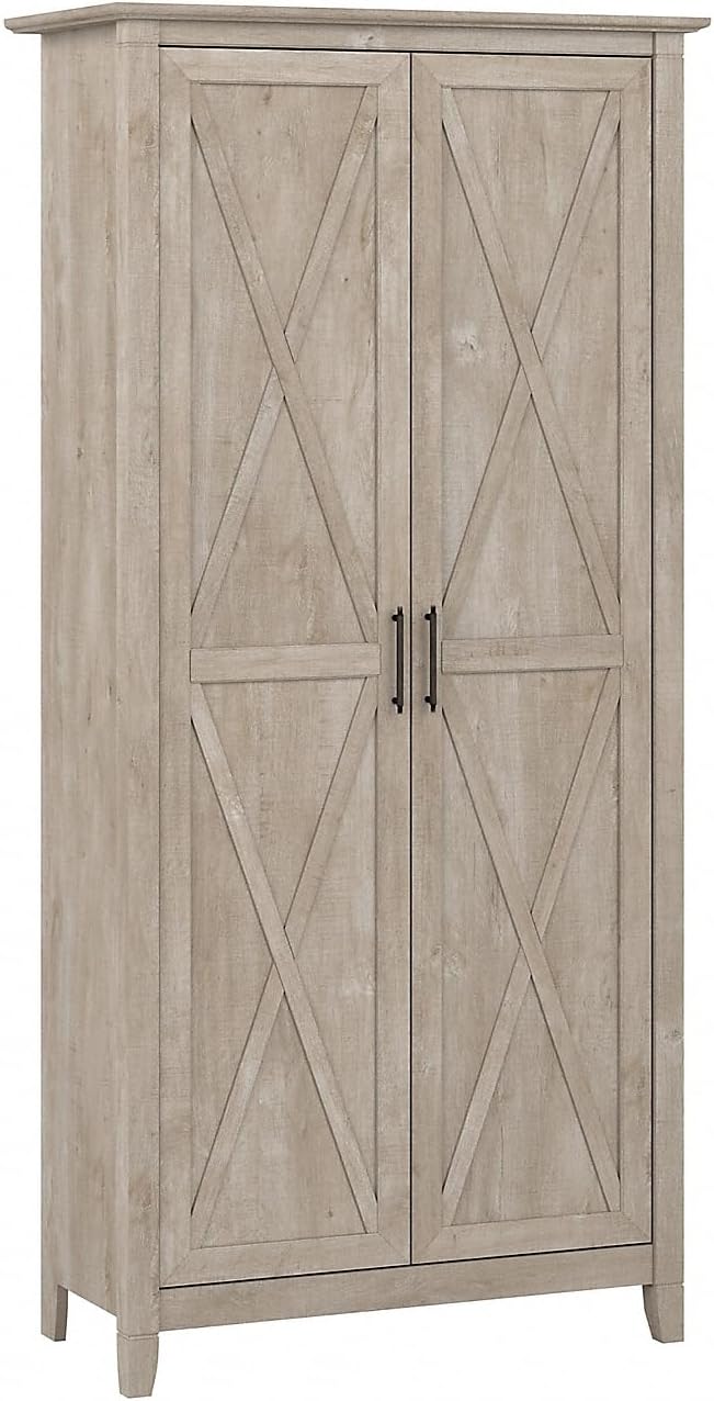 Bush Furniture Key West Tall Storage Cabinet with Doors and Shelves in Washed Gray, 2 Door Organizer for Home Office, Living Room, Entryway
