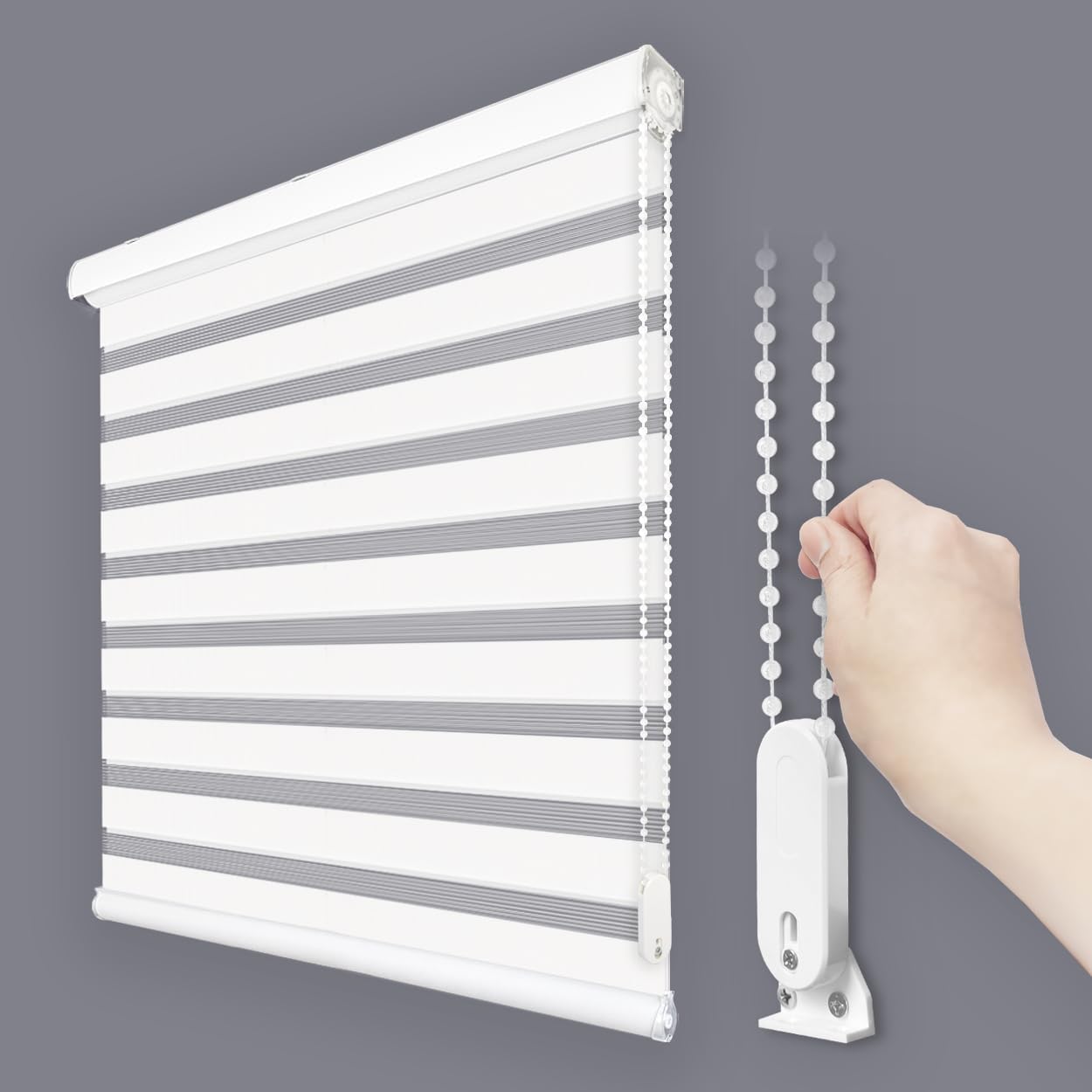 Foiresoft Standard Zebra Roller Blinds for Windows [W46 x H64 Inch, White, Basic], Light Filtering Dual Layer Shades for Bedroom, Living Room, Office, 13 Colors