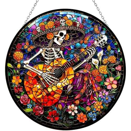 Mexican Skull Playing Guitar Stained Glass Suncatcher Window Hangings