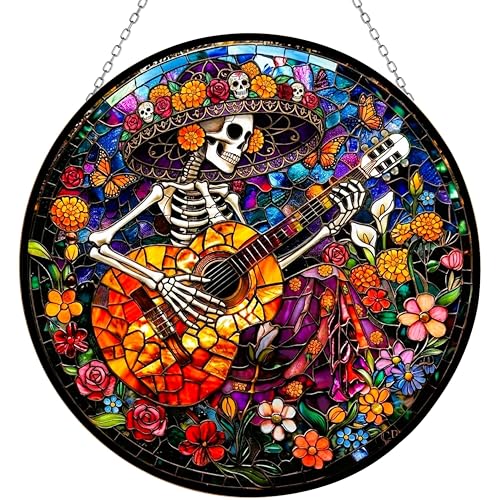Mexican Skull Playing Guitar Stained Glass Suncatcher Window Hangings