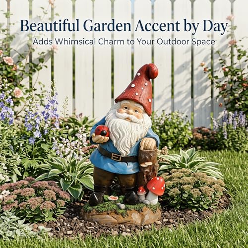 Solar Garden Gnome Statue with Glowing Ladybug & Mushroom
