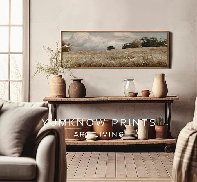Vintage Farmhouse French Country Bedroom Wall Decor Above Bed - 10x30" - Horizontal Wall Art Over the Bed - Panoramic Landscape Picture Sign, Canvas Oil Painting Long Narrow Autumn Meadow Print Poster