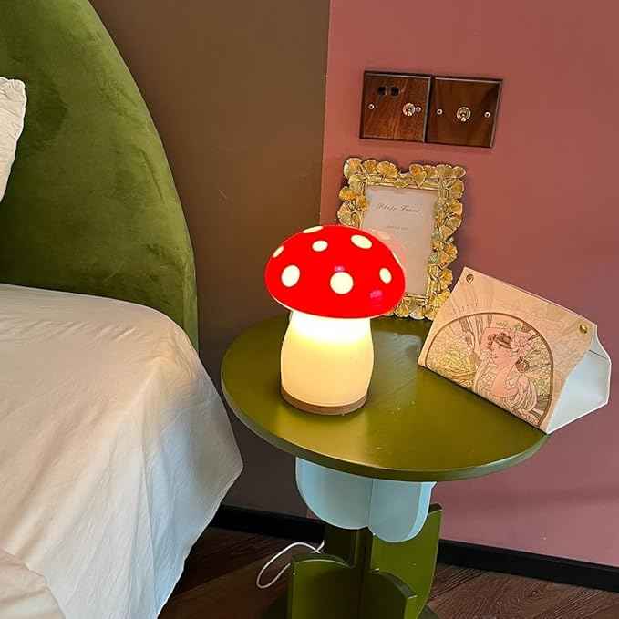 BECCOBEAT Mushroom lamp for Bedroom Night Light Glass Vintage Retro Funky Cute Lamp Small Lamps Bedrooms Bedside Bed Side Table Nightstand Desk Aesthetic Cottagecore 70s Room Decor (RED) (B01)