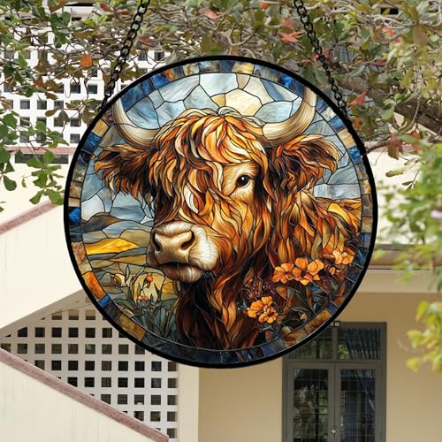 Scottish Highland Cow Stained Glass Window Hanging Suncatcher Gifts 15"
