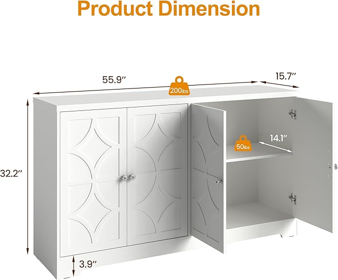 RoyalCraft 56'' Modern Kitchen Buffet Table with 4 Doors and Adjustable Shelves, Sideboard Buffet Cabinet with Storage, Wood Credenza Accent Coffee Bar Cabinet for Entryway, Living Room, Satin White