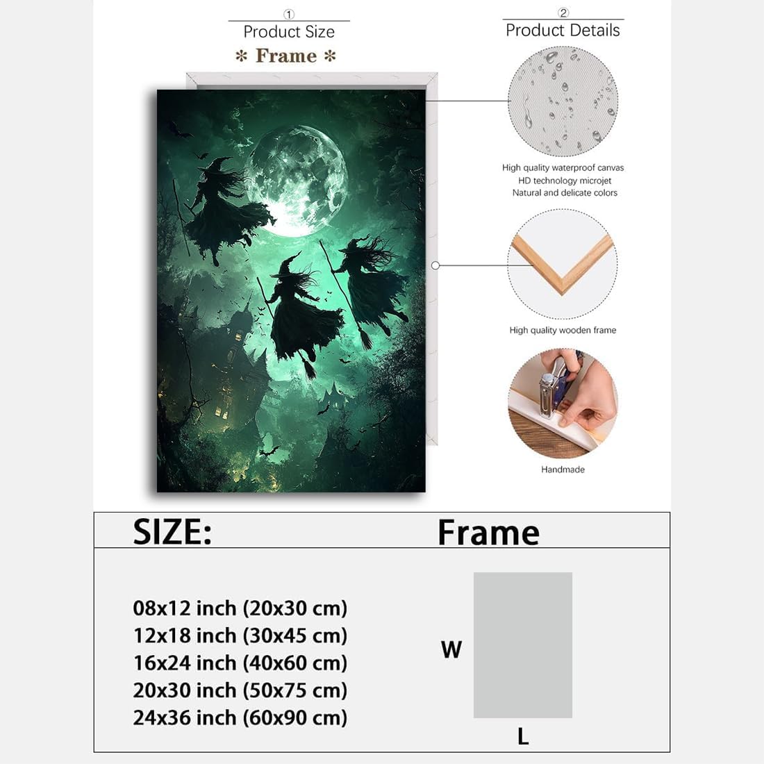 Flying Three Witches Halloween Canvas Wall Painting,Witches on Broom Under Full Moon Castle Victorian Decoration Haunted House Retro Poster for Living Room Bedroom Gallery,8"x12" Framed