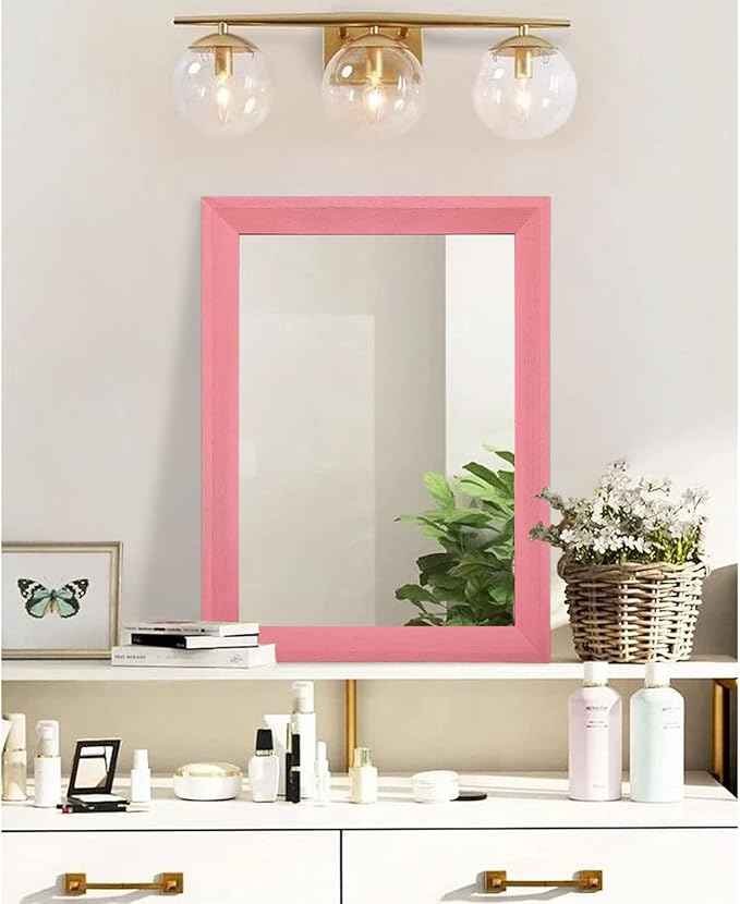 AAZZKANG Rectangle Mirror with Wood Frame Modern Farmhouse Wall Mirrors Decor Large 20"x16" for Bedroom Bathroom Living Room Pink