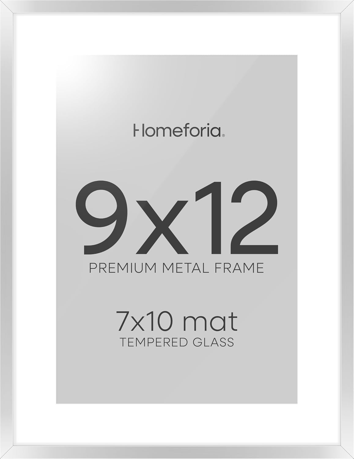 Homeforia 9x12 Picture Frame Silver, High End Metal 9 x 12 Frames with Mat 7 by 10 inch Photo, 9by12 Poster Frame Matted to 7x10 Print, 12x9 Wall or Tabletop Frames, Tempered Glass, Wall Kit, Set of 1