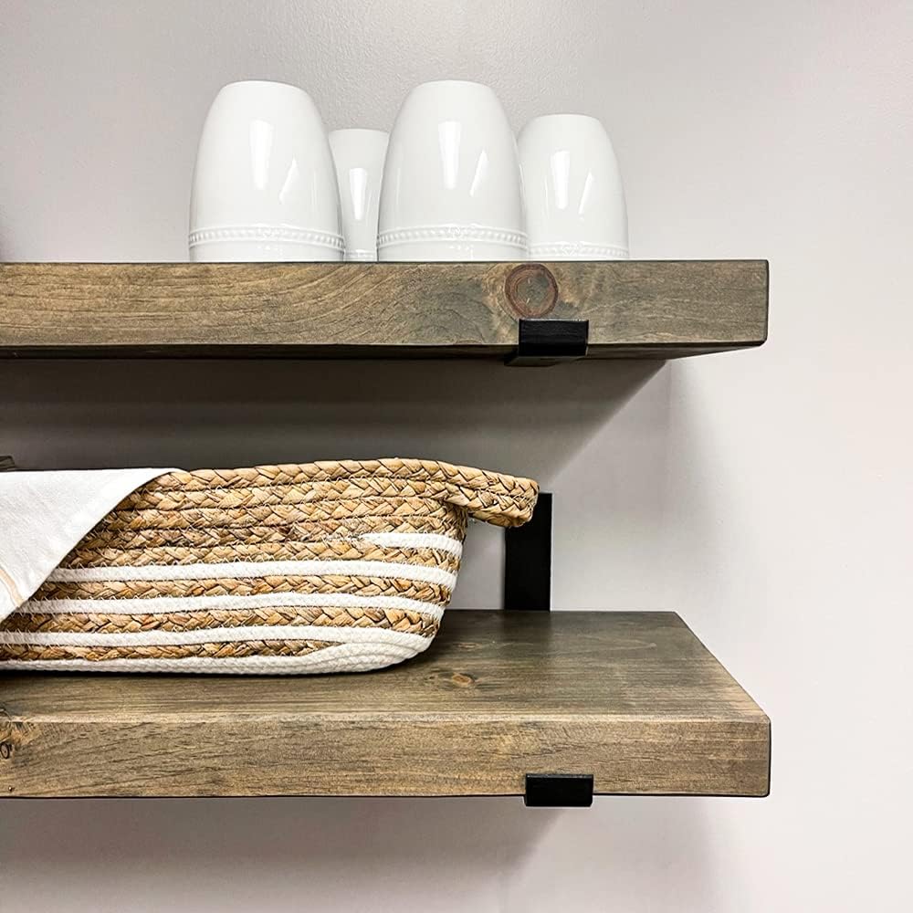 Rustic Shelves with J-Brackets Set of 2, Industrial Shelf, Kitchen Shelves, Solid Wood, Decorative Wall Storage, Heavy Duty, URBANDI (Grey, 24Wx12D)