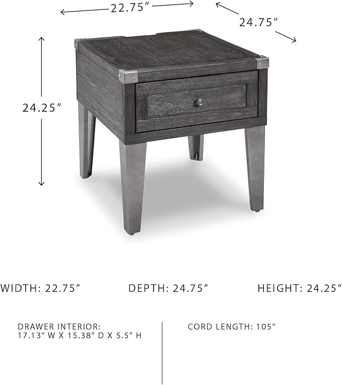 Signature Design by Ashley Todoe Industrial Square End Table with 1 Drawer, 2 Outlets and 2 USB Charging Ports, Dark Gray with Weathered Pine Finish