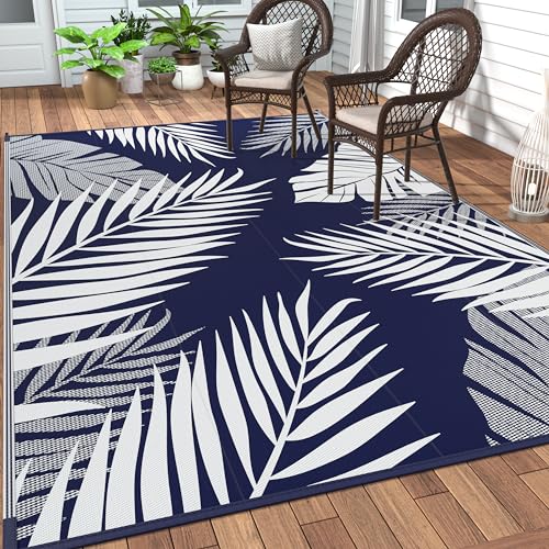 Outdoor Rug Waterproof Plastic Rugs 9'x18' for Camping Blue White