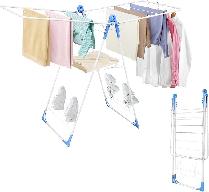 Gullwing Clothes Drying Rack,Foldable Laundry Drying Racks with Shoe Rack, Free-Standing Large Standing Airer, with Height-Adjustable Wings for Indoor Outdoor Use, Laundry Room, Balcony